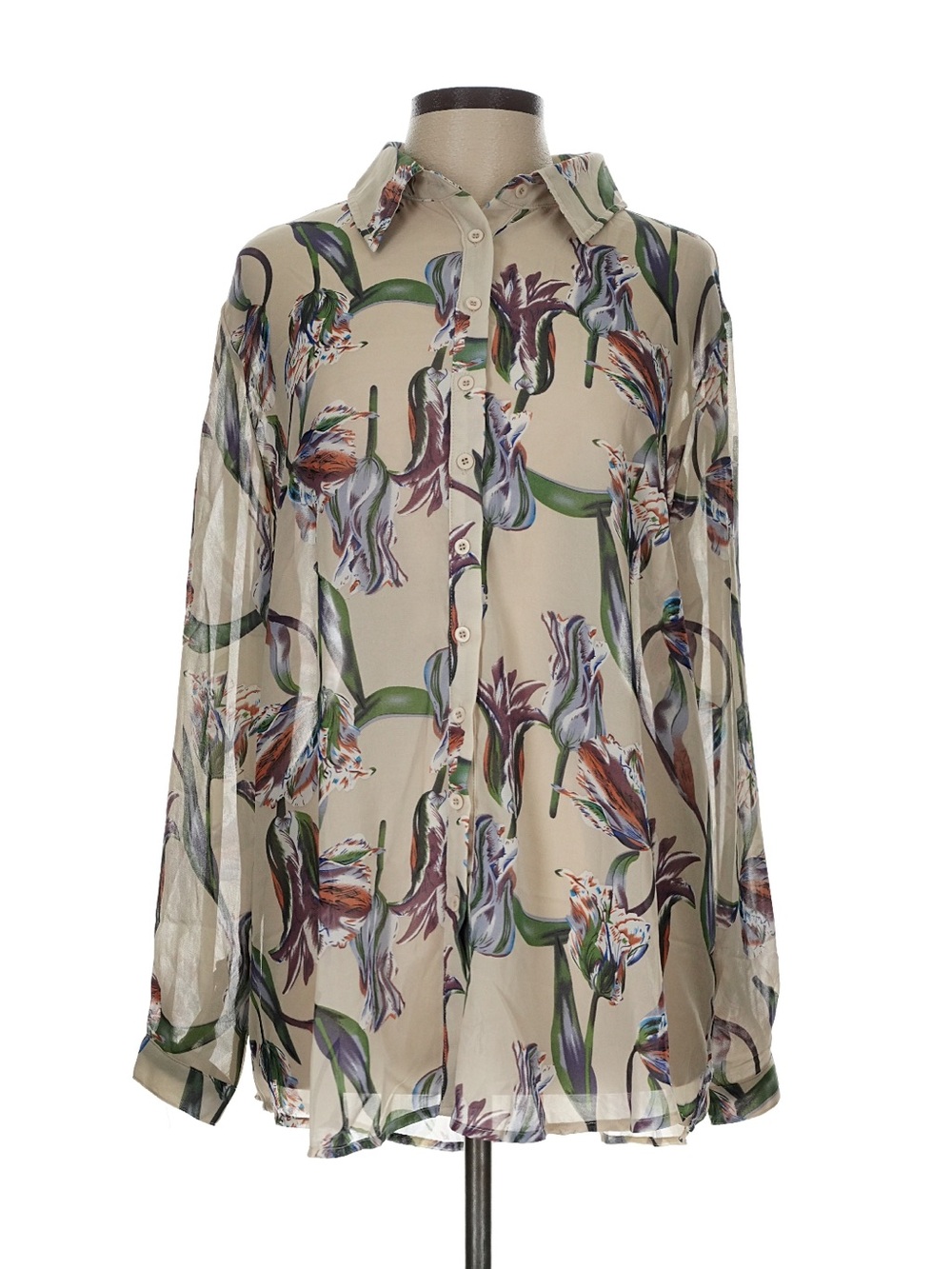 PrettyLittleThing Beige Floral Sheer Button-Up Blouse
